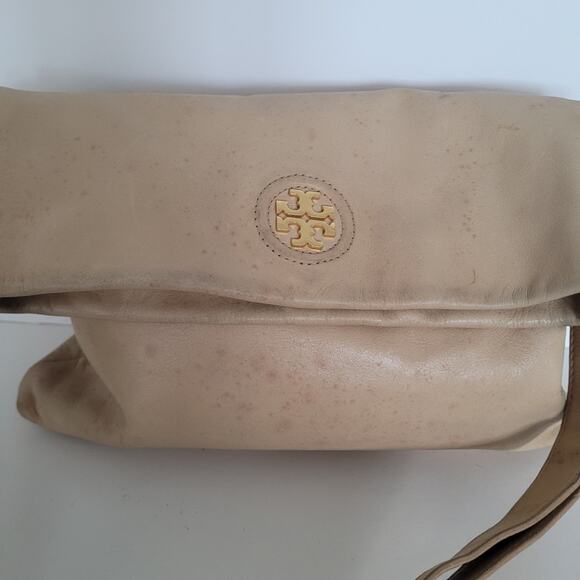 Tory Burch Geniue Leather Tan Beige Foldover Flap Shoulder Bag Purse Medium Fair - Picture 6 of 11